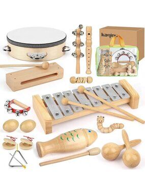 Natural Wooden Kids Musical Instrument Set - 23 Pcs Percussion Toys for Early
